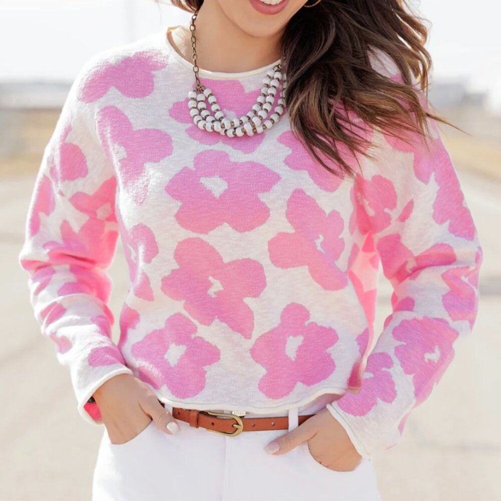 Fabrik Floral‎ Slub Sweater Pink Size Medium Spring Flowers Knit Retro Daisies
